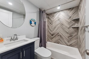 Hair dryer, towels, shampoo