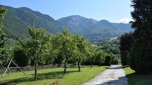 Un sentier de pierres serpente à travers un paysage verdoyant, avec des arbres et des montagnes en arrière-plan.