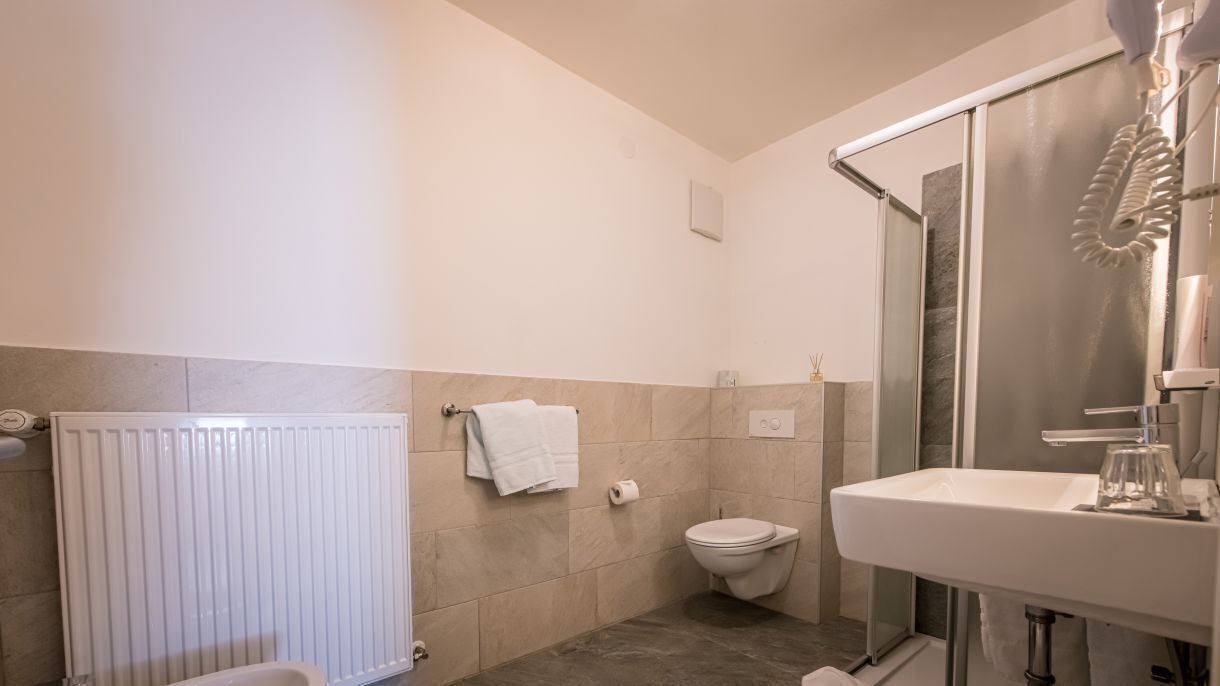 Ein modernes Badezimmer mit Dusche, Toilette und Waschbecken.