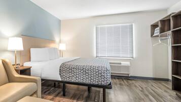 Desk, laptop workspace, free WiFi, bed sheets