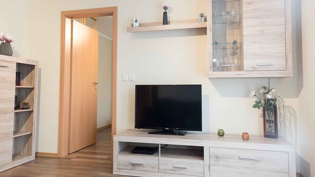 Una sala de estar moderna con televisor, armarios de madera y una puerta que da a otra habitación.
