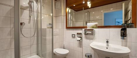 A modern bathroom with a glass-enclosed shower, a toilet, a sink, and a mirror.