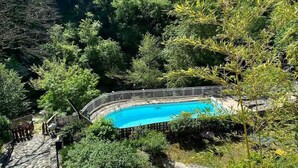 A swimming pool surrounded by dense forest, with a wooden deck and a white fence.