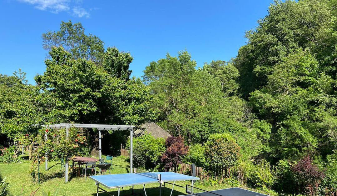 A garden with a pergola, a ping pong table, and a small table.