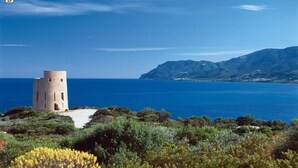 A coastal landscape with a tower-like structure surrounded by greenery and overlooking the sea.