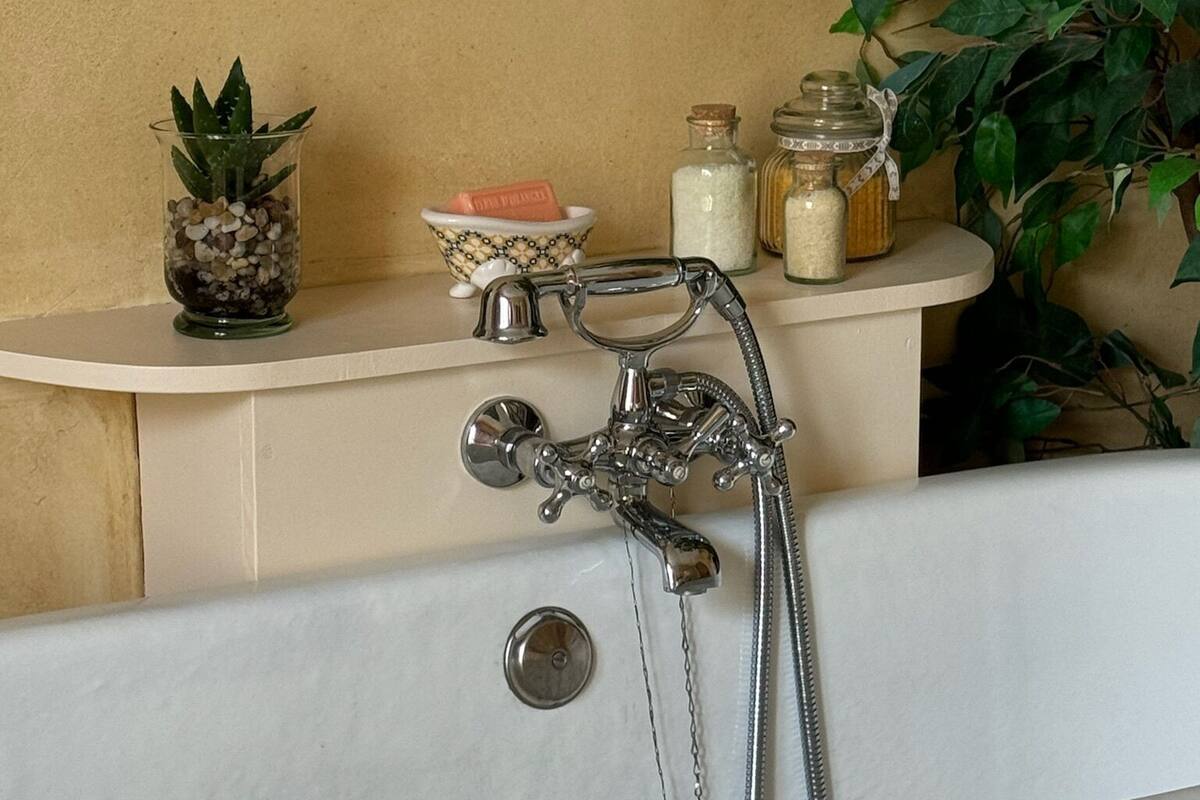 Un baño con una bañera, un estante con artículos de aseo y una planta.