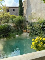 Un jardín tranquilo con una fuente de agua cristalina, rodeado de exuberante vegetación y un edificio de piedra.