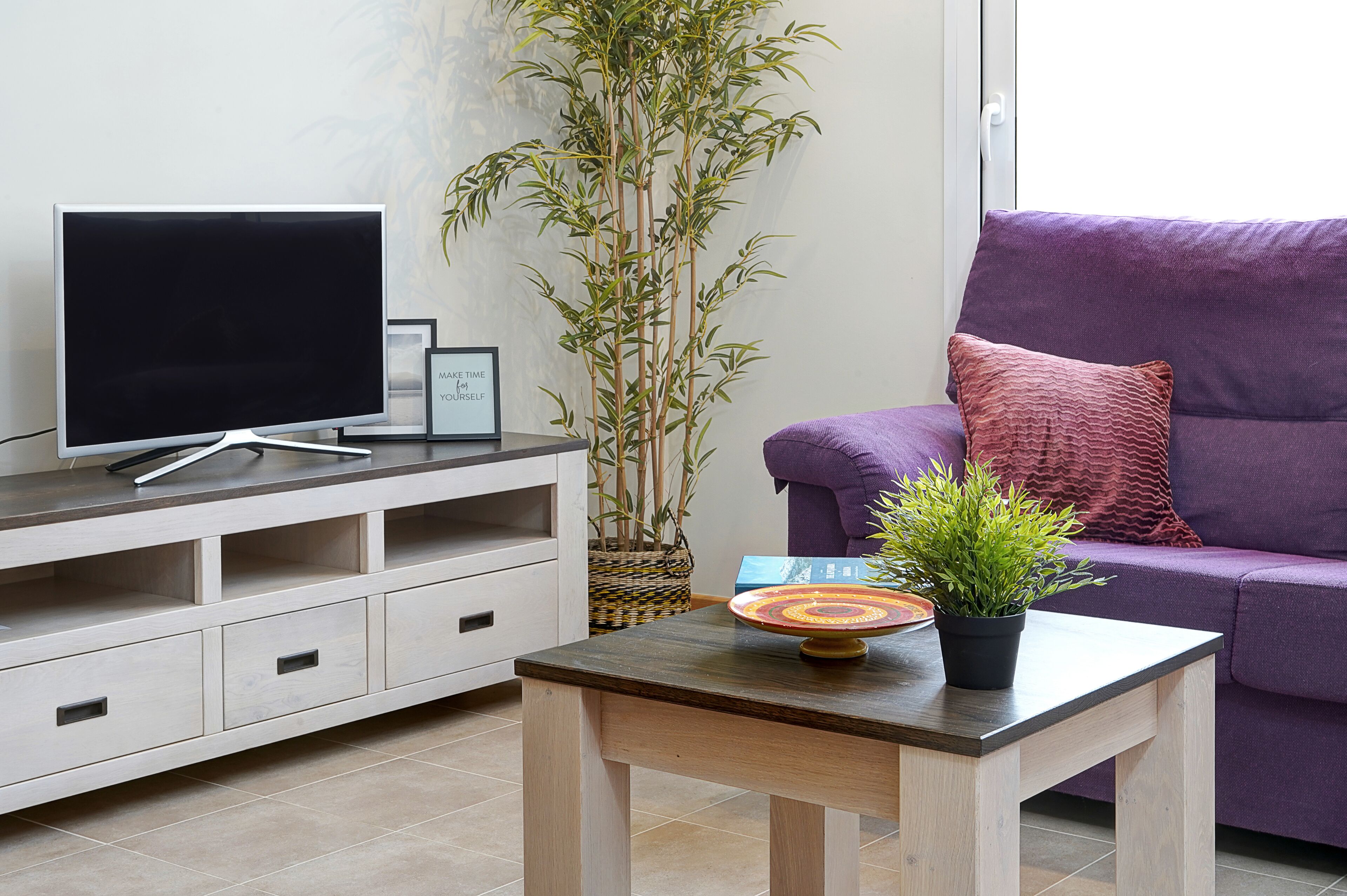 Una sala moderna con televisor de pantalla plana, una mesa de centro de madera con una planta, un sofá púrpura y una planta de bambú en la esquina.