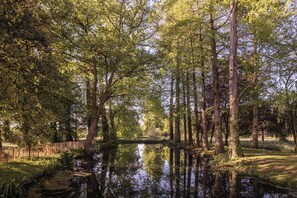 A serene riverside scene with tall trees and a calm water body, surrounded by a wooden fence. - Château Sénéjac (Le Pian-Medoc)