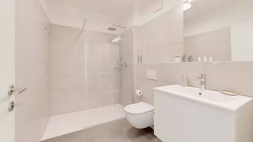 Shower, hair dryer, bidet, towels