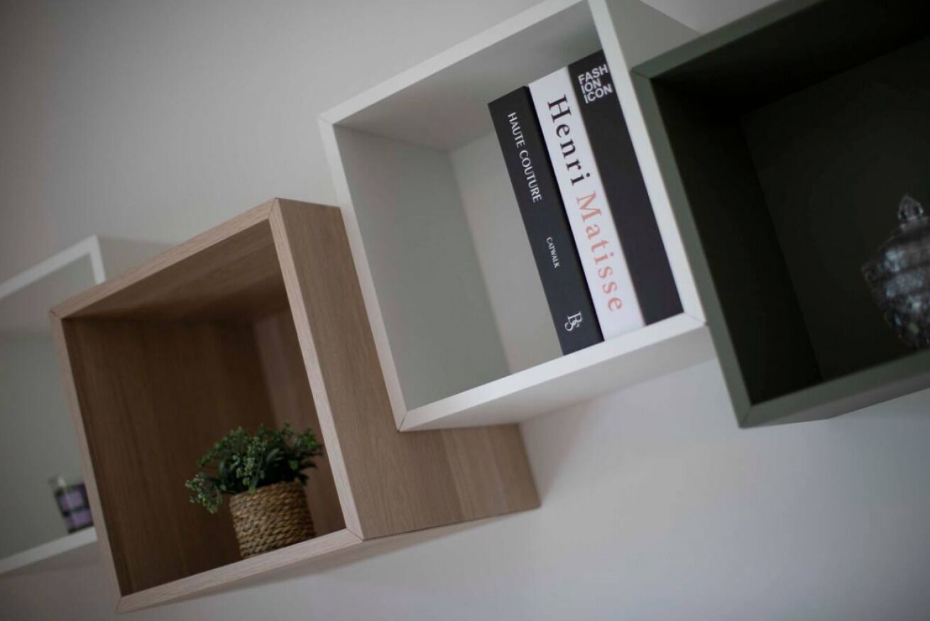 A modern, minimalist bookshelf with two books and a small plant.