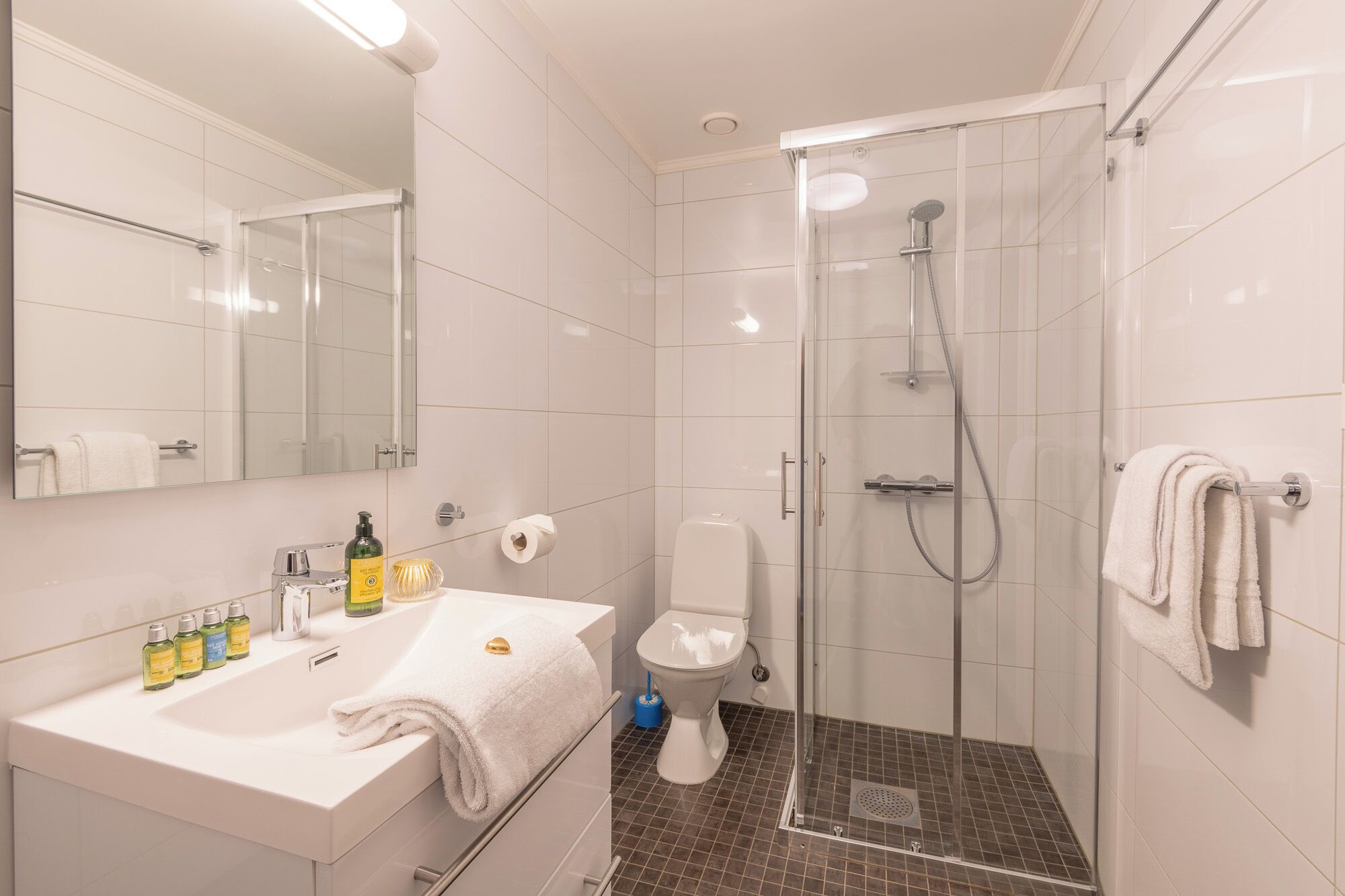 Uma casa de banho moderna com chuveiro em cabine de vidro, lavatório branco com produtos de higiene e sanita.