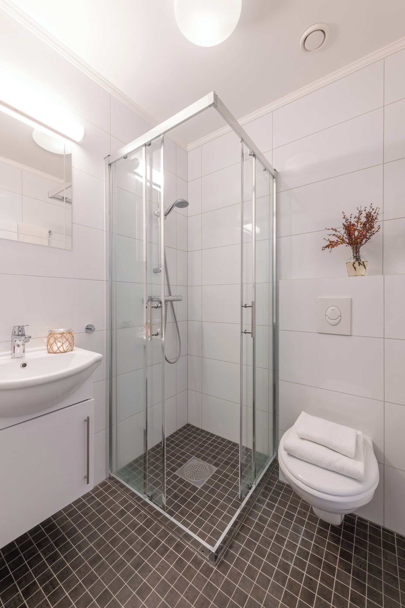 A modern bathroom with a glass-enclosed shower, a white sink, and a toilet.