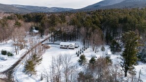 Un paisaje nevado con una casa rodeada de árboles.