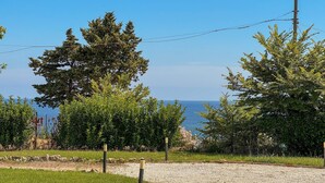 A gravel path leading to a grassy area with trees and a view of the sea.