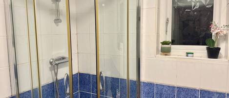 A shower with a glass door, a window with a plant, and a shelf with toiletries.
