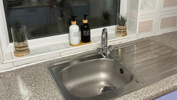 A kitchen with a stainless steel sink, two bottles labeled "HAND" and "DISH," and a potted plant on the windowsill. - Cozy Accrington Retreat (Accrington)