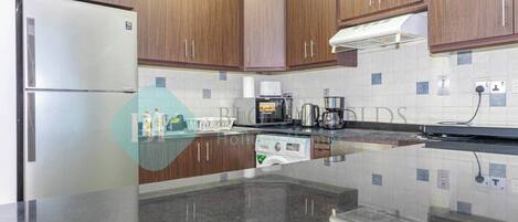 Fridge, microwave, electric kettle, toaster