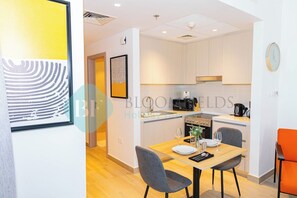 Fridge, microwave, electric kettle, toaster