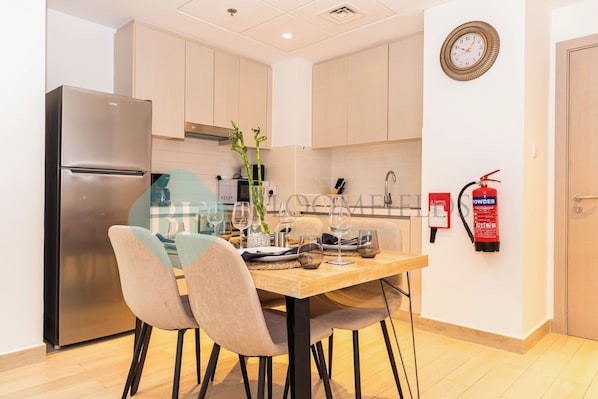 Fridge, microwave, electric kettle, toaster
