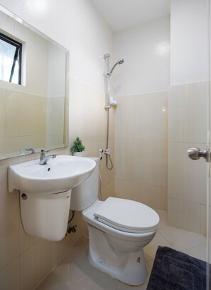 Shower, hair dryer, bidet, towels