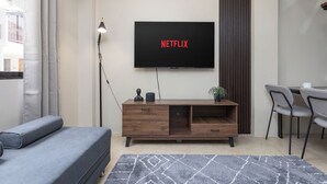 Ein modernes Wohnzimmer mit einem Flachbildfernseher, der "NETFLIX" zeigt, einem Holzschrank, einem grauen Sofa, einem gemusterten Teppich und einem Essbereich mit Stühlen und einem Tisch.
