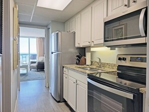 Fridge, microwave, oven, stovetop - Oceanfront Condo, Private Balcony Beach View, Gated Resort, Indoor/Outdoor Pools (Pawleys Island)