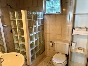 Douche, serviettes fournies, savon, papier de toilette