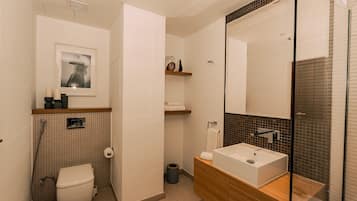 Secadora de cabello, toallas, jabón, papel de baño
