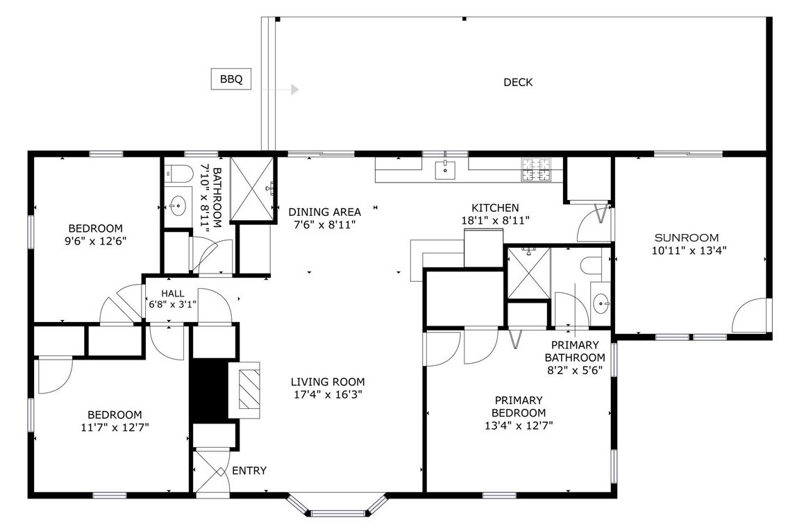 A floor plan of a house with a deck, BBQ, two bedrooms, a living room, dining area, kitchen, sunroom, and two bathrooms.