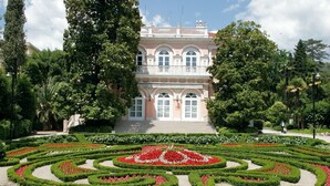 A grand building with a symmetrical facade, a central staircase, and a formal garden with geometric flower beds.