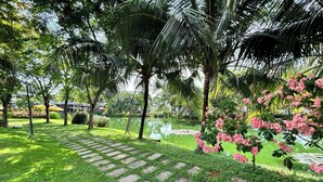 A garden with a pond, stone pathway, and pink flowering plants.