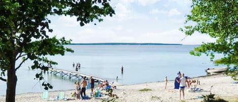 A beach with a pier extending into calm water, surrounded by trees and people enjoying the area.