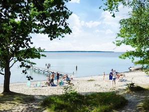 Ein Strand mit einem Steg, der sich in ruhiges Wasser erstreckt, umgeben von Bäumen und Menschen, die die Gegend genießen.