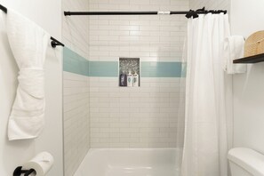 Hair dryer, towels, soap, toilet paper