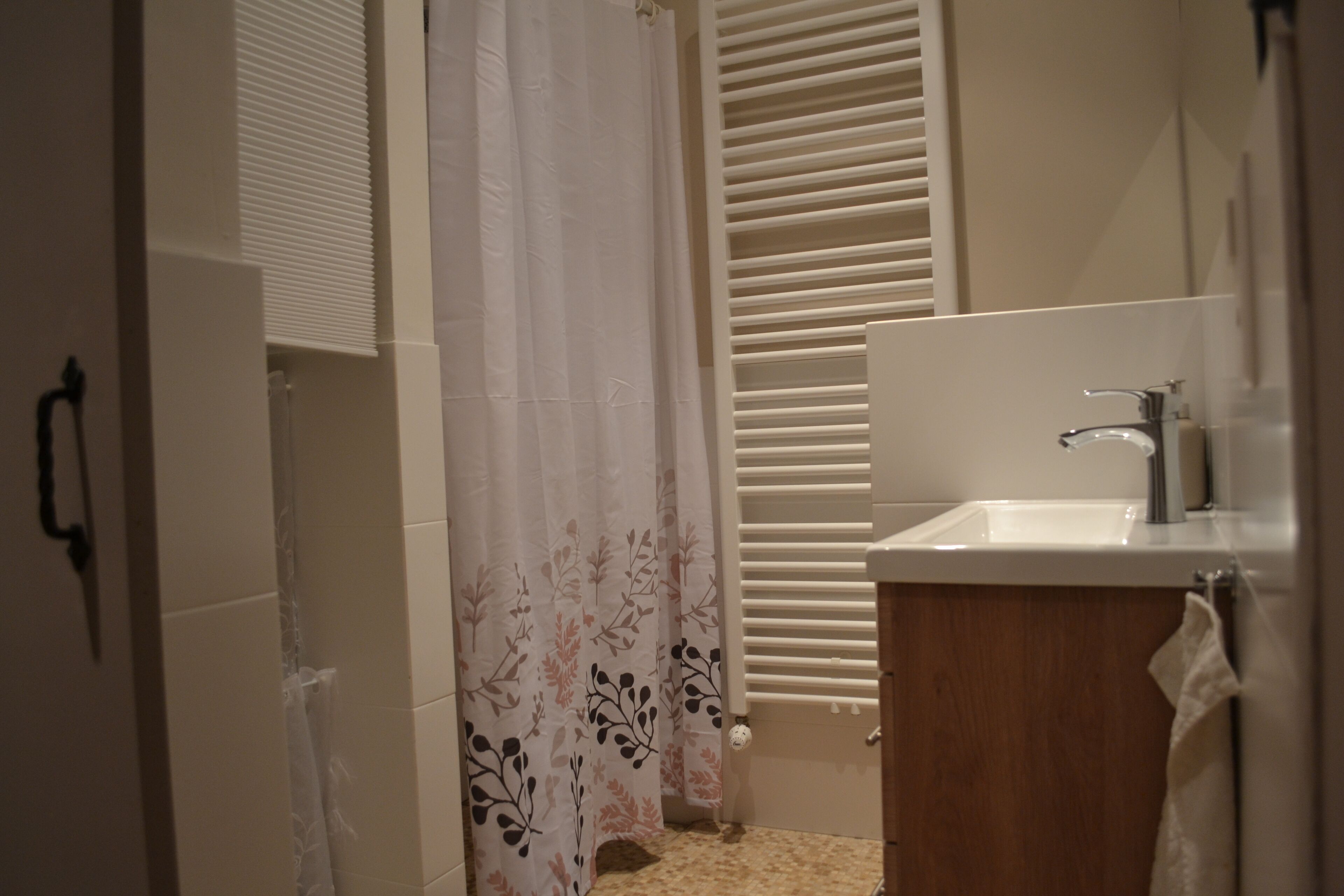 Douche, sèche-cheveux, serviettes fournies, savon