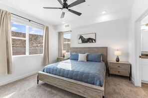 2 bedrooms, desk, laptop workspace, iron/ironing board