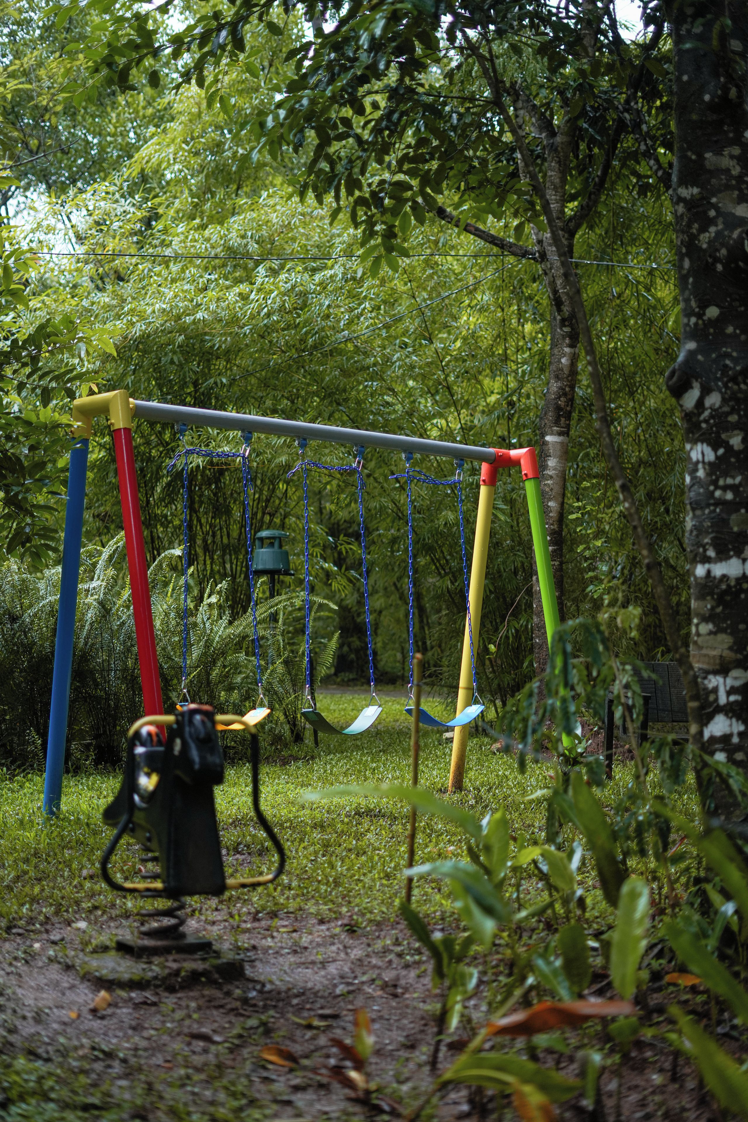A playground with swings and a slide, surrounded by greenery.