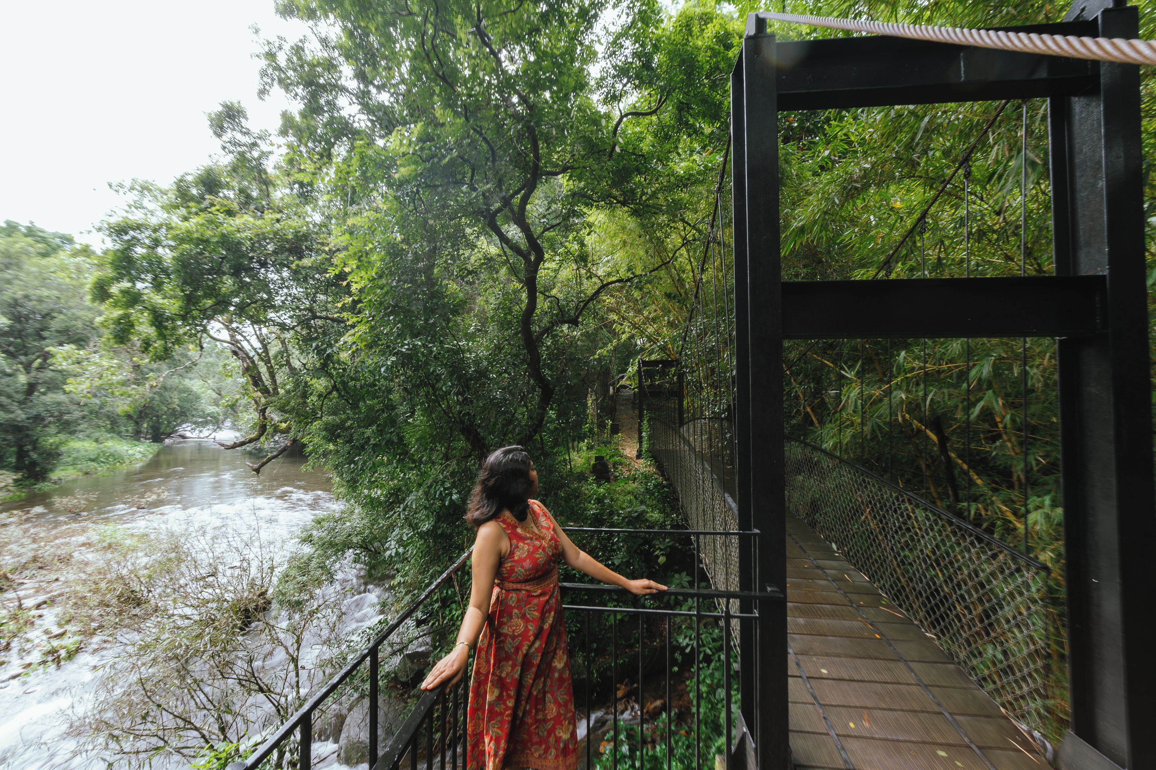 Une personne se tient sur un pont, avec une rivière et une végétation luxuriante en arrière-plan.