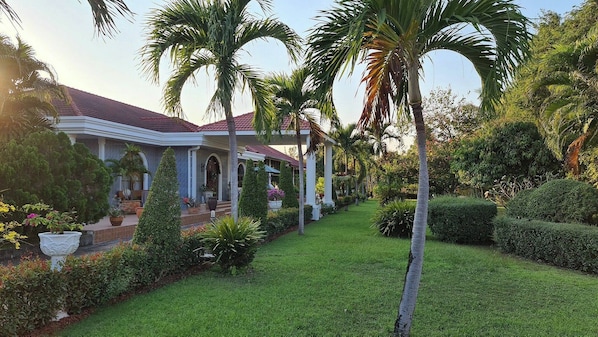 Un jardín bien cuidado con palmeras y una casa con techo de tejas rojas.