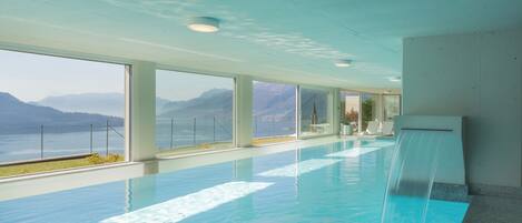 Indoor pool, open 2:00 PM to 7:00 PM, sun loungers