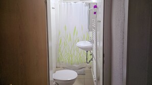 Une salle de bain équipée de toilettes, d’un lavabo et d’une douche.