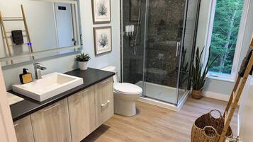 A modern bathroom with a large sink, toilet, and glass shower enclosure.
