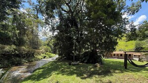A lush garden with a stream, a hammock, and a building with a red roof. - Hospedaria Paiol (São Bento do Sapucaí)