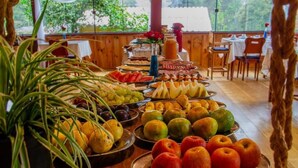 A buffet table with various fruits and dishes, surrounded by wooden tables and chairs, with a view of greenery outside. - Pousada Pau Brasil (Maringá)
