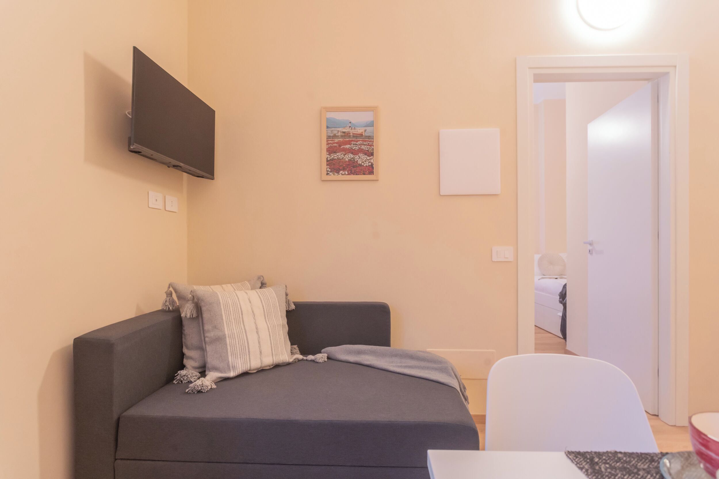 A modern room with a dark-colored sofa, a flat-screen TV mounted on the wall, a framed picture, and a door leading to another room.