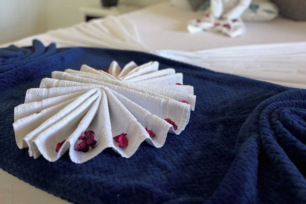 Una cama bien hecha con una toalla doblada y una toalla decorativa con forma de cisne sobre una manta azul oscuro.