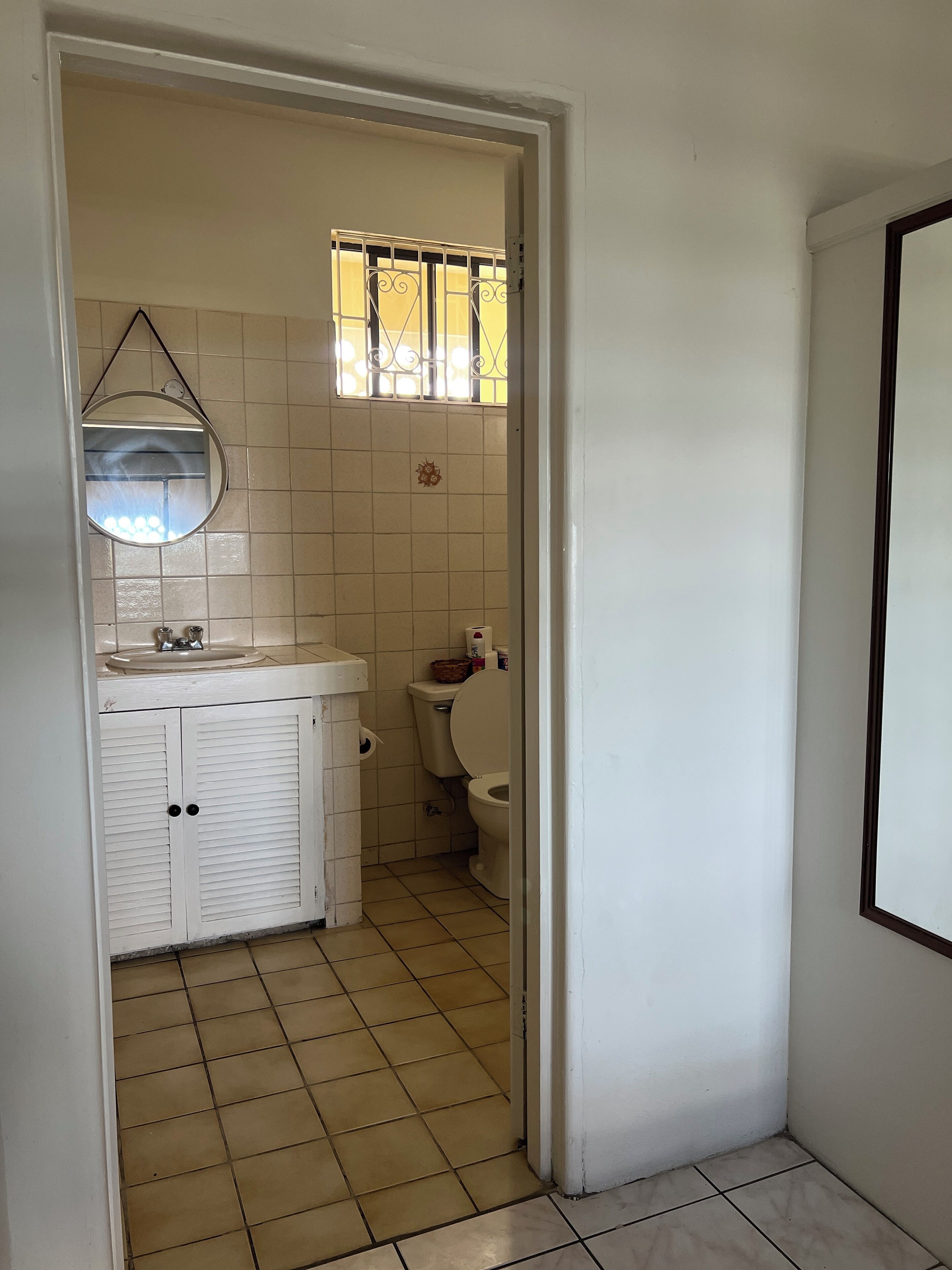 Une salle de bain avec des toilettes, un lavabo et un miroir.