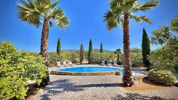 Relax by the serene pool surrounded by lush greenery and palm trees.