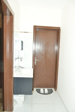 Bathroom features a sink and mirror, with a door leading to additional space.